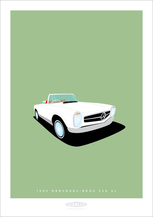 This is a hand drawn poster of a stunning white 1962 Mercedes Benz 230 SL roadster on a soft green background.