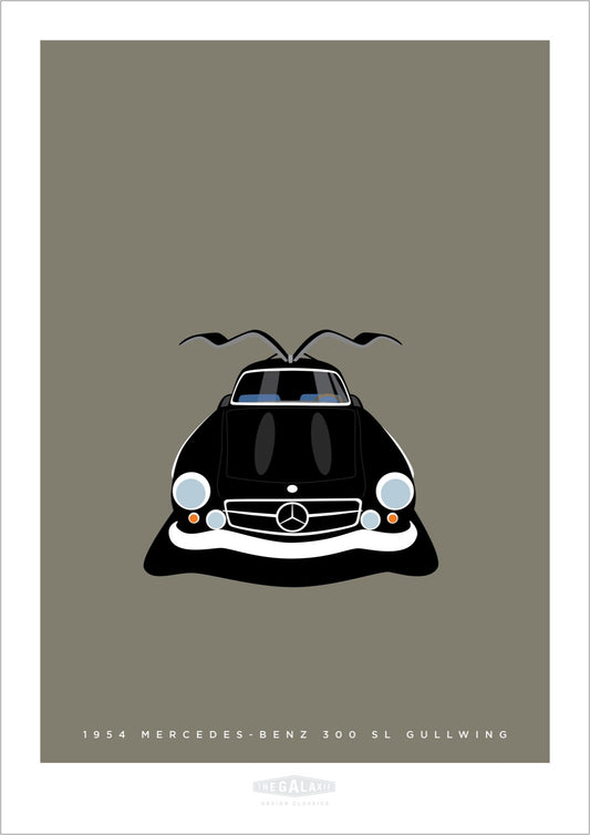 This is a hand drawn poster of a magnificent black 1954 Mercedes Benz 300 SL Gullwing sports car on a stone grey background.