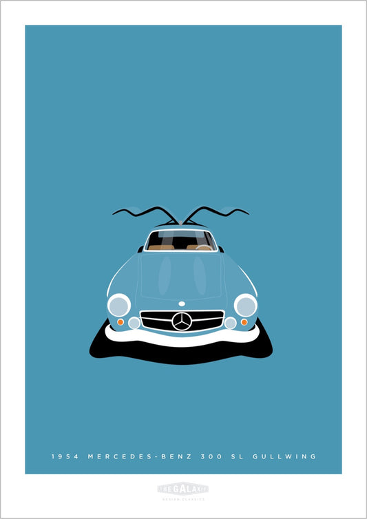 This is a hand drawn poster of a magnificent blue 1954 Mercedes Benz 300 SL Gullwing sports car on a blue background.