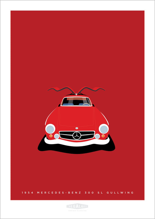 This is a hand drawn poster of a magnificent red 1954 Mercedes Benz 300 SL Gullwing sports car on a red background.