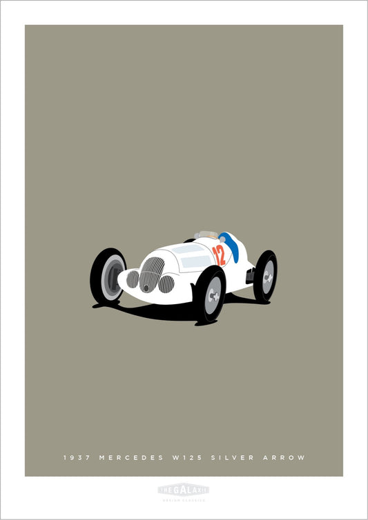 Hand drawn poster of a white 1937 Mercedes Benz W125 Silver Arrow on a cool grey background.