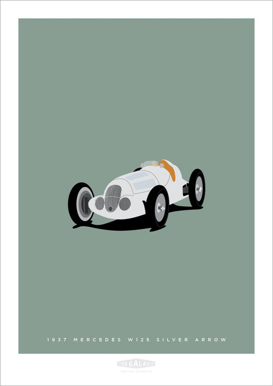 Hand drawn poster of a white 1937 Mercedes Benz W125 Silver Arrow racer on a cool green background.