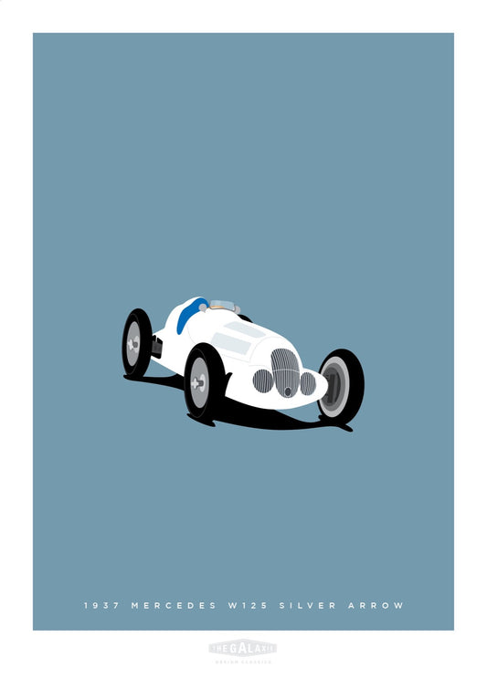 Hand drawn poster of a white 1937 Mercedes Benz W125 Silver Arrow racer on a cool blue background.