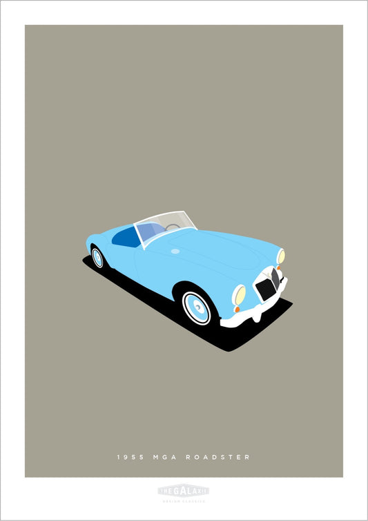 This is a hand drawn poster of a beautiful blue 1955 MGA Roadster on a grey background.