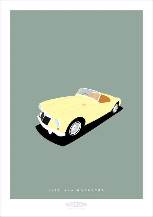 This is a hand drawn poster of a beautiful cream 1955 MGA Roadster on a green background.