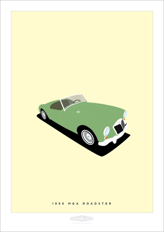 This is a hand drawn poster of a beautiful green 1955 MGA Roadster on a cream background.