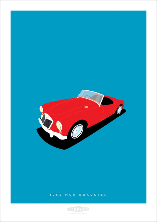 This is a hand drawn poster of a beautiful red 1955 MGA Roadster on a blue background.