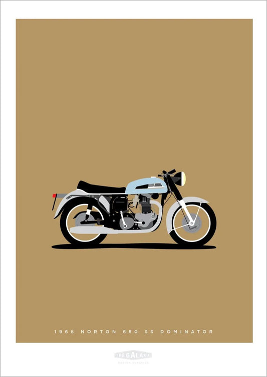 Beautiful hand drawn print of a light blue 1968 Norton 650 SS Dominator on a caramel coloured background.