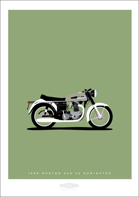 Beautiful hand drawn print of a silver 1968 Norton 650 SS Dominator on a soft green background.