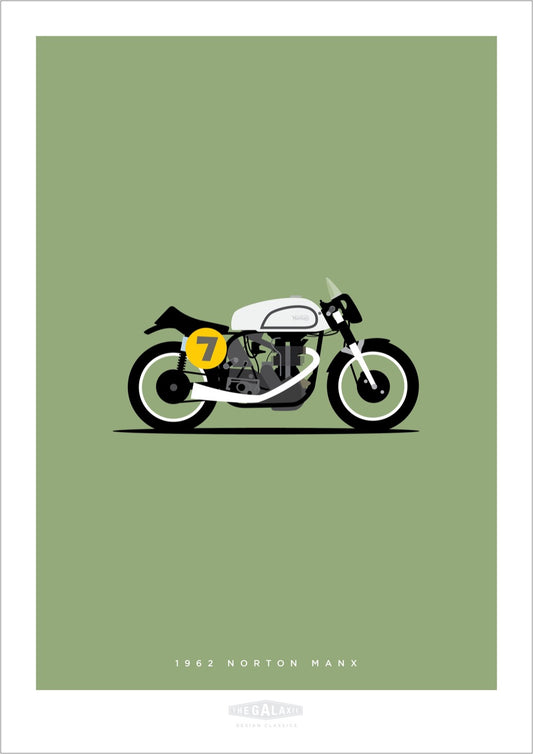 Beautiful hand drawn print of a white 1962 Norton Manx with a racing number 7 on a light green background.