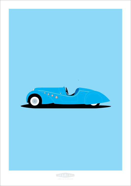 Beautiful hand drawn print of a blue PEUGEOT 402 LÉGÈRE DARL’MAT Roadster on a light blue background.