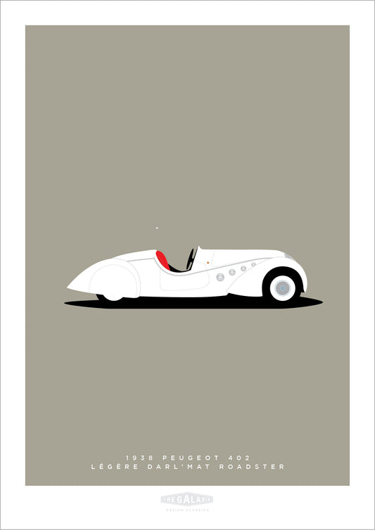 Beautiful hand drawn print of a stunning white PEUGEOT 402 LÉGÈRE DARL’MAT Roadster on a light grey background.