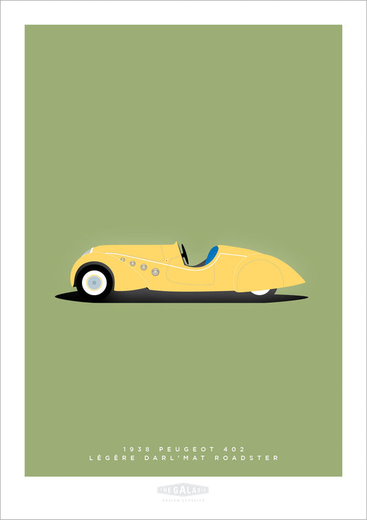 Beautiful hand drawn print of a classy yellow PEUGEOT 402 LÉGÈRE DARL’MAT Roadster on a soft green background.