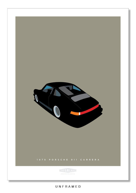 Stylish hand drawn print of a black 1975 Porsche 911 Carrera on a light grey background.