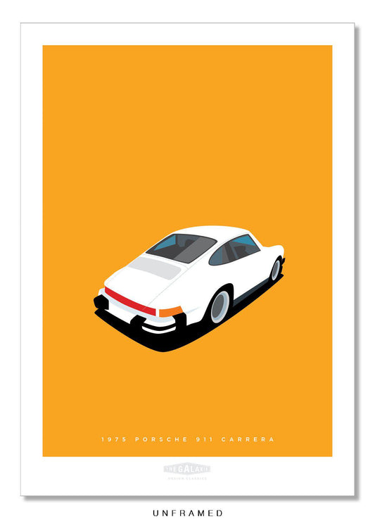 Stylish hand drawn print of a white 1975 Porsche 911 Carrera on an orange background.