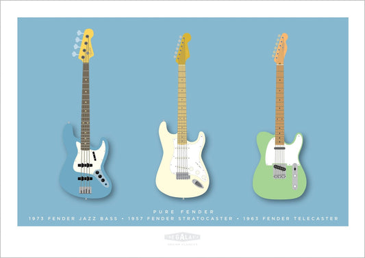 A beautiful hand drawn print of three classic Fenders - a blue 1973 Jazz Bass, a cream 1957 Stratocaster, and a green 1963 Telecaster on a blue background.