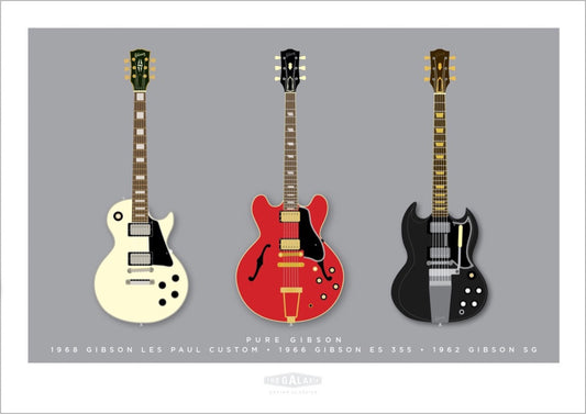 A beautiful hand drawn print of three classic Gibsons - a cream 1968 Gibson Les Paul Custom, a red 1966 Gibson ES 355, and a black 1962 Gibson SG on a grey background.