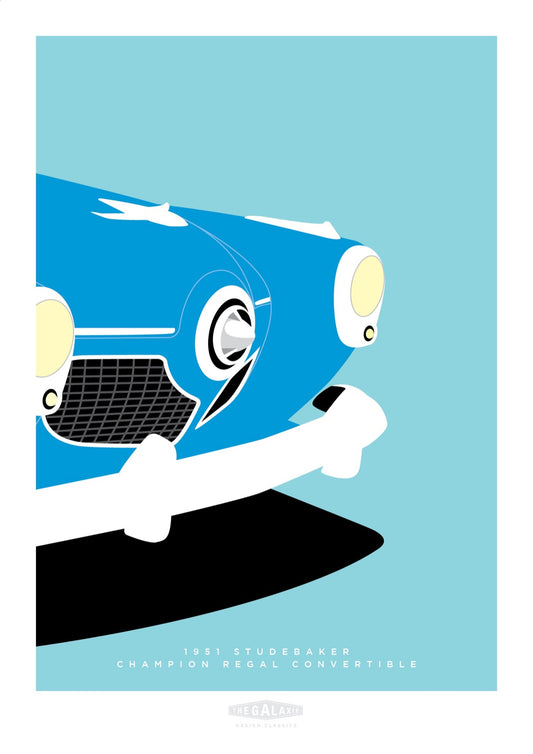 A beautiful hand drawn print of the front end of a classic blue 1951 Studebaker Champion convertible on a blue background.