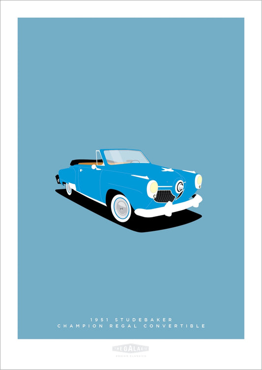 A beautiful hand drawn print of a classic blue 1951 Studebaker Champion convertible on a blue background.