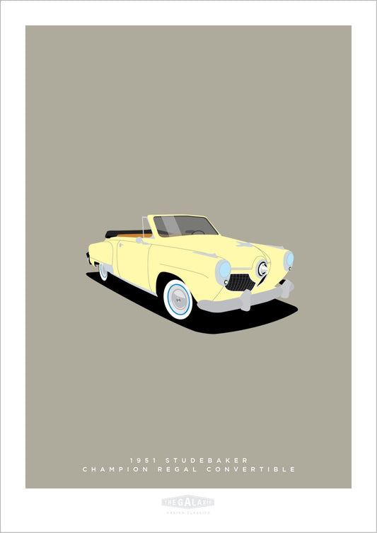 A beautiful hand drawn print of a classic cream 1951 Studebaker Champion convertible on a cool grey background.
