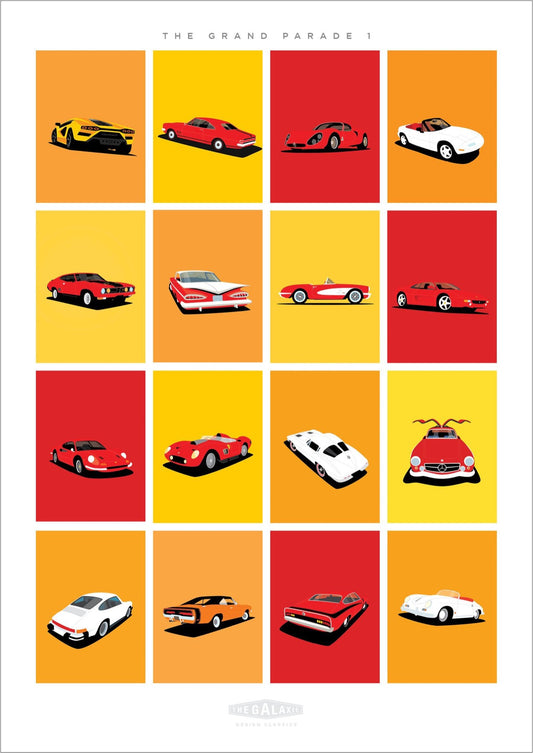 An orange themed original car poster showcasing 16 classic cars, including Porsche, Ferrari, Mercedes Benz, Studebaker, Cadillac, Buick, Corvette, Monaro, Alfa Romeo, Lamborghini and more.