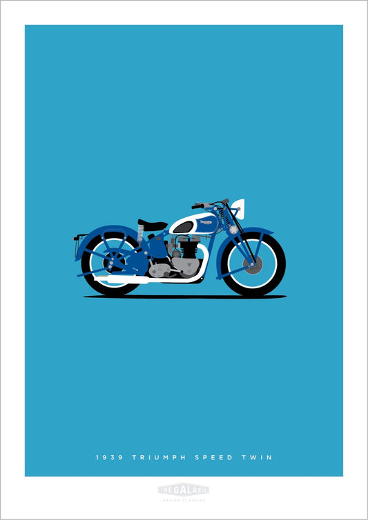 This hand drawn poster features a handsome blue 1939 Triumph Speed Twin on a blue background.