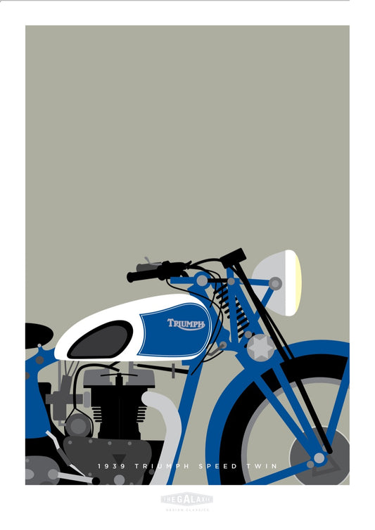 This hand drawn poster features a close up view of a handsome blue 1939 Triumph Speed Twin on a light grey background.