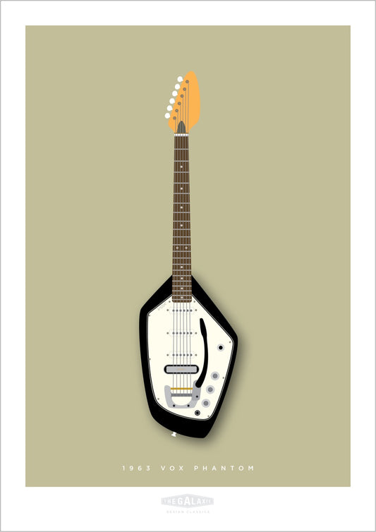 An original hand drawn print of a cool black 1963 Vox Phantom guitar on a soft green background.