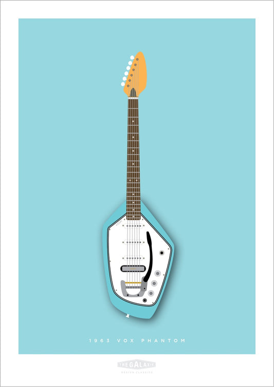 An original hand drawn print of a cool blue 1963 Vox Phantom guitar on a light blue background.