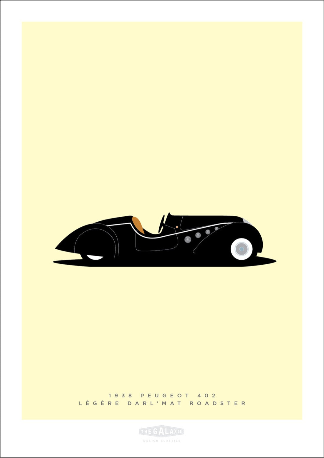 Beautiful hand drawn print of a black PEUGEOT 402  LÉGÈRE DARL’MAT Roadster on a cream background.