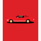 An original hand drawn poster of a red 1966 Ford Mustang Fastback on a red background.