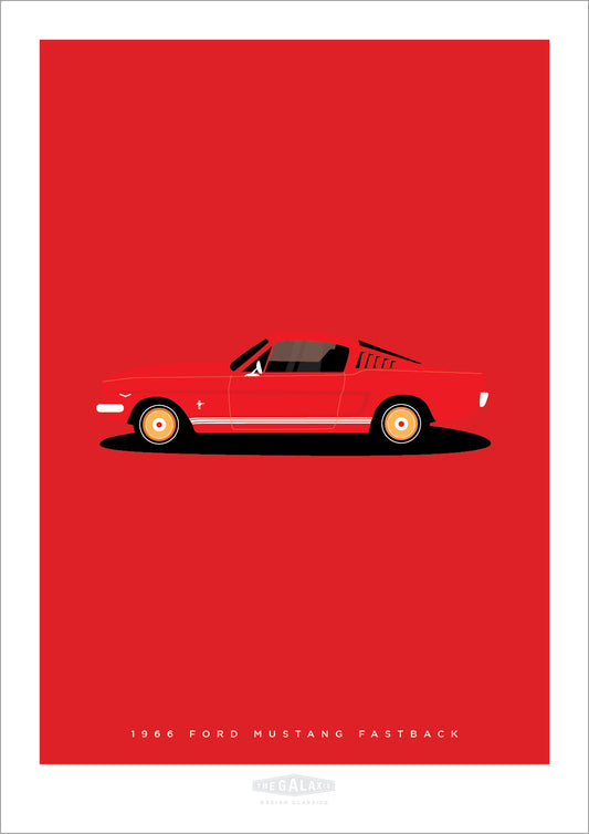 An original hand drawn poster of a red 1966 Ford Mustang Fastback on a red background.