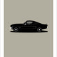 An original hand drawn poster of a black 1966 Ford Mustang Fastback on a grey background.