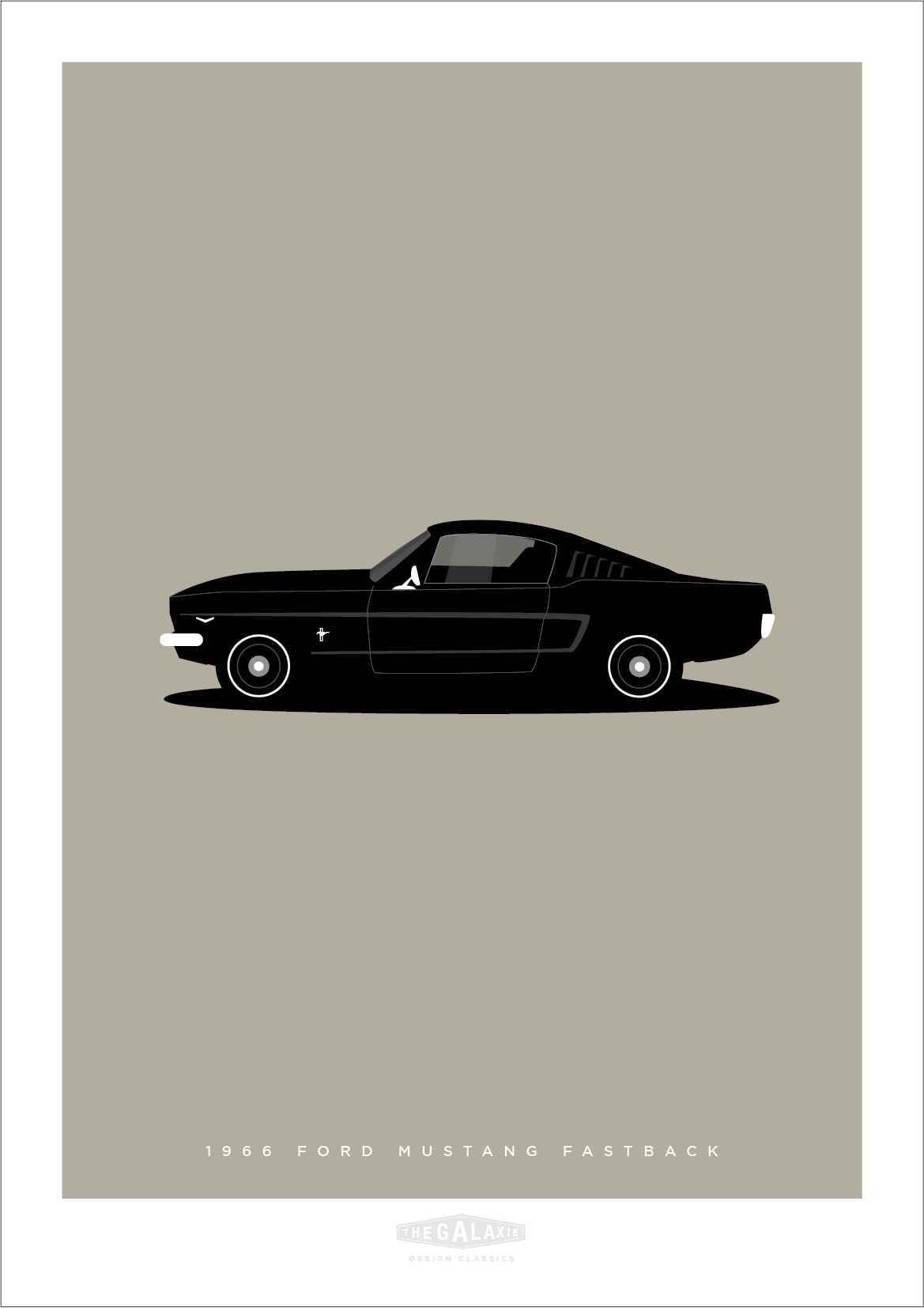 An original hand drawn poster of a black 1966 Ford Mustang Fastback on a grey background.