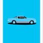 An original hand drawn poster of a blue 1966 Ford Mustang Fastback on a blue background.