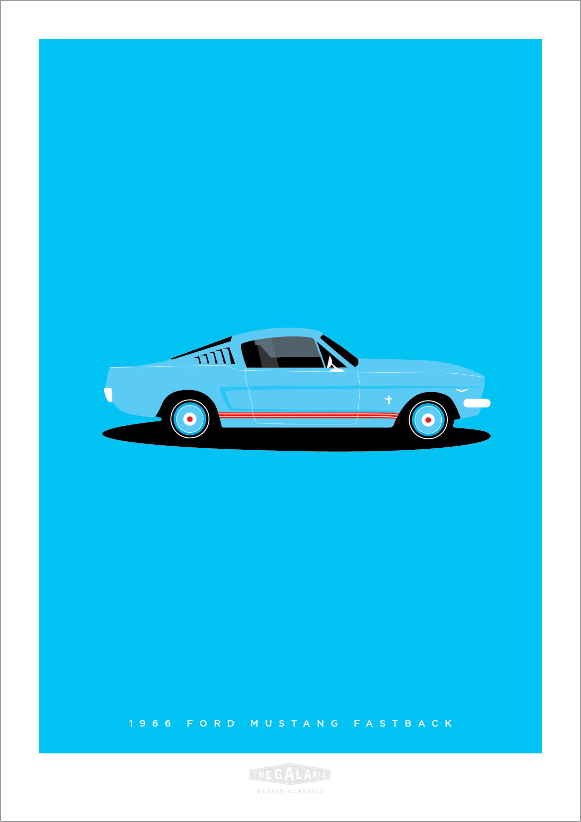 An original hand drawn poster of a blue 1966 Ford Mustang Fastback on a blue background.