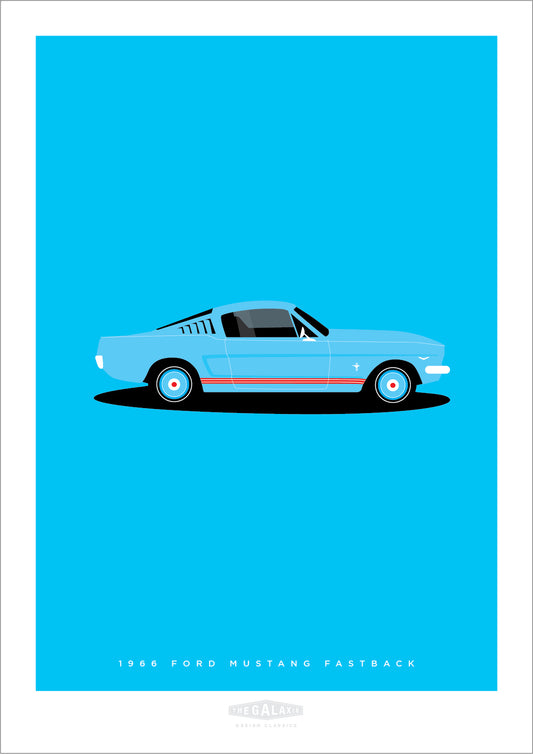 An original hand drawn poster of a blue 1966 Ford Mustang Fastback on a blue background.