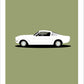 An original hand drawn poster of a white 1966 Ford Mustang Fastback on a green background.