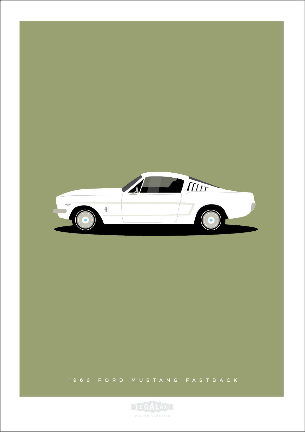 An original hand drawn poster of a white 1966 Ford Mustang Fastback on a green background.