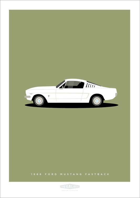 An original hand drawn poster of a white 1966 Ford Mustang Fastback on a green background.