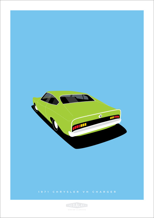 An original hand drawn print of a cool lime green 1971 Valiant VH Charger on a light blue background.