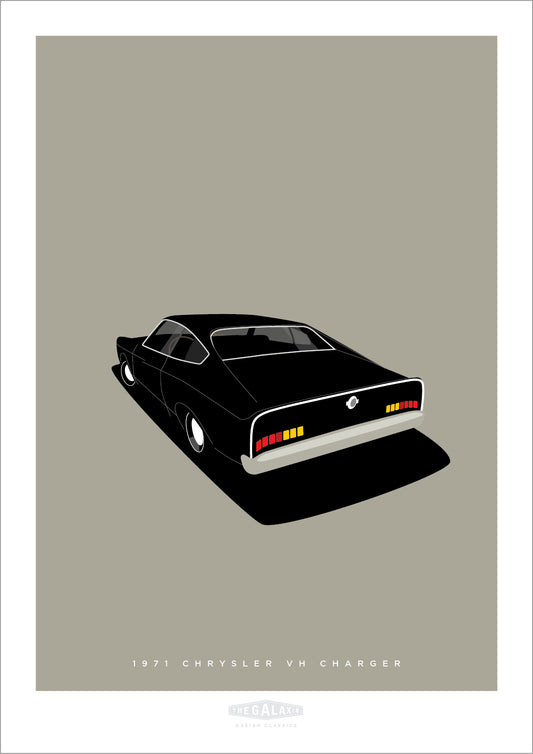 An original hand drawn print of a cool black 1971 Valiant VH Charger on a soft grey background.