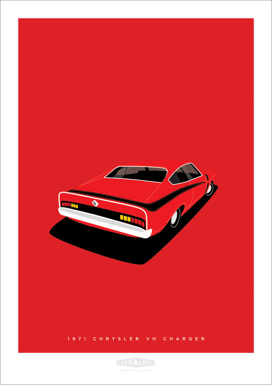 An original hand drawn print of a cool red 1971 Valiant VH Charger on a red background.