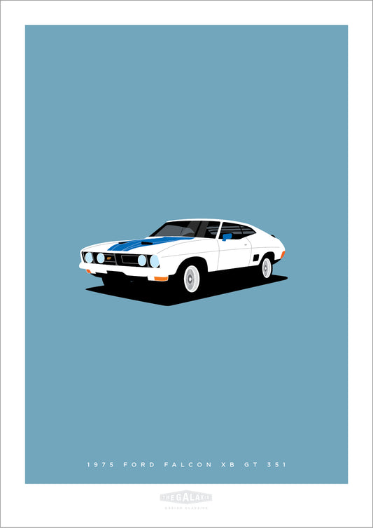 An original hand drawn poster of a white 1975 Ford Falcon XB GT 351 on a blue background.