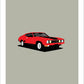 An original hand drawn poster of a red 1975 Ford Falcon XB GT 351 on a grey background.