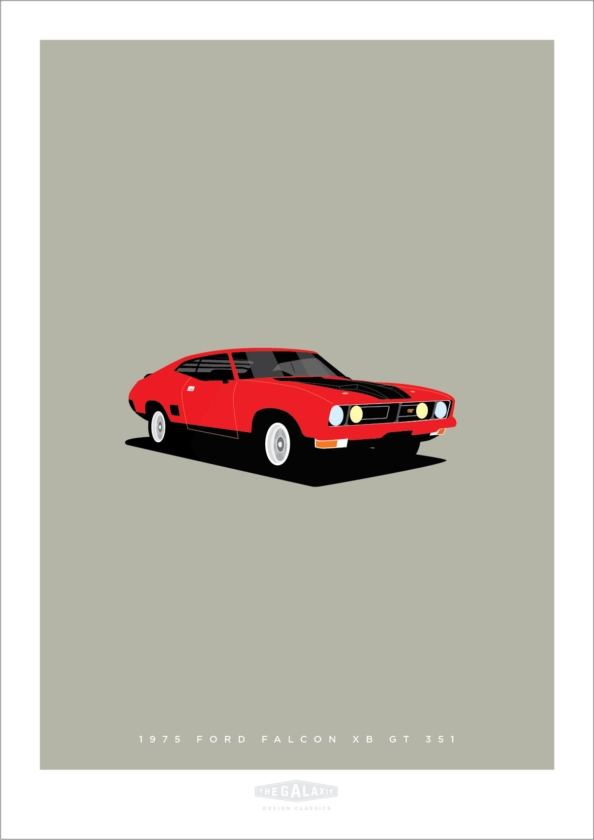 An original hand drawn poster of a red 1975 Ford Falcon XB GT 351 on a grey background.