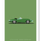 Hand drawn poster of the rear end of a green 1970 Jaguar E-Type Roadster on a green background.