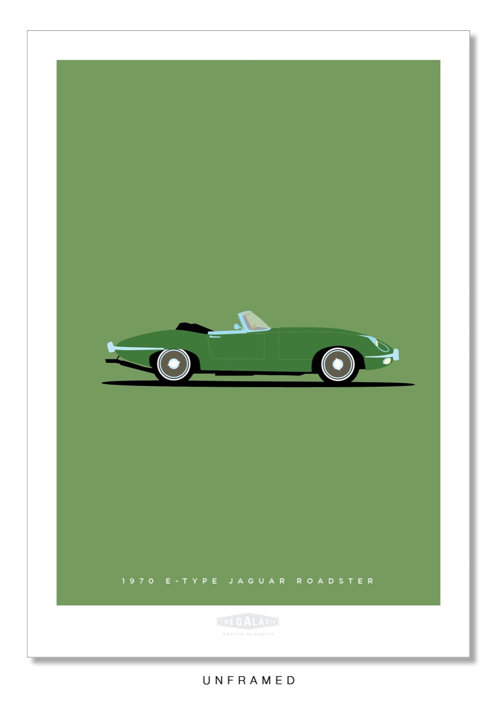 Hand drawn poster of the rear end of a green 1970 Jaguar E-Type Roadster on a green background.