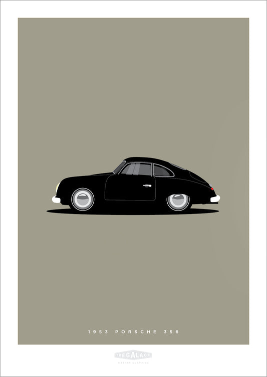 Beautiful hand drawn print of a black 1953 Porsche 356 on a light grey background.