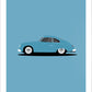 Beautiful hand drawn print of a classic grey blue 1953 Porsche 356 on a light blue background.